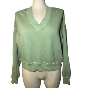 Aerie V Neck Sweatshirt Light Green Distressed Relaxed Fit Pullover Top S P